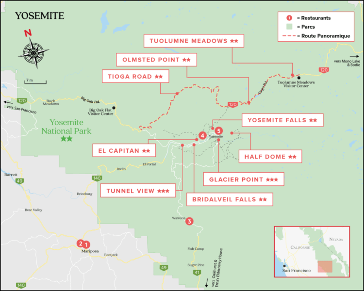 La carte du Parc National de Yosemite - Californie